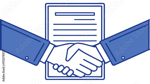 Two blue suited arms shaking hands over a document handshake agreement