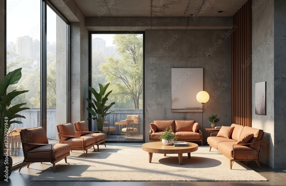 Fototapeta premium Modern loft interior features concrete walls, large windows with city, tree views. Furnished with comfortable brown leather sofas, armchairs, round wood coffee table, plants. Bright open space with