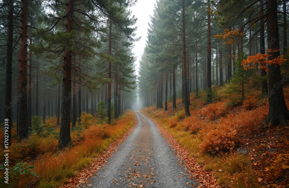 Fototapeta premium Gravel path in forest during autumn season. Pine trees along rural trail in woodland. Colorful foliage, dry leaves on road. Fall landscape, calm nature. Walk through peaceful natural environment.