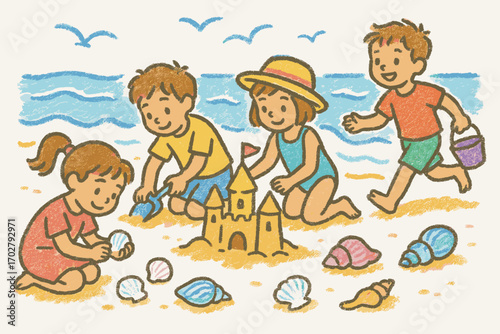 Children's drawing created with chalk, depicting kids playing on the beach, building a sandcastle, and collecting seashells.