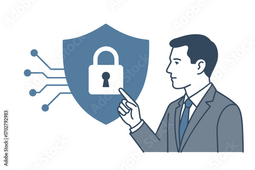 Businessman interacting with a digital security system, focusing on data protection and cybersecurity