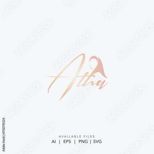 Elegant minimalist logo with butterfly and rose, Feminine line art logo for beauty and fashion brand, Abstract vector illustration of a woman in hijab with flower
