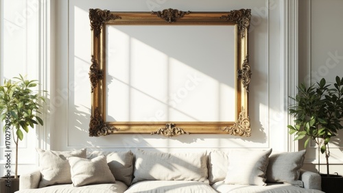 Horizontal Gold Frame Mockup in a Bright, Modern Living Room with Sofa. A beautiful and elegant mockup featuring a large, horizontal ornate gold frame hanging in a bright, sunlit modern living room. T