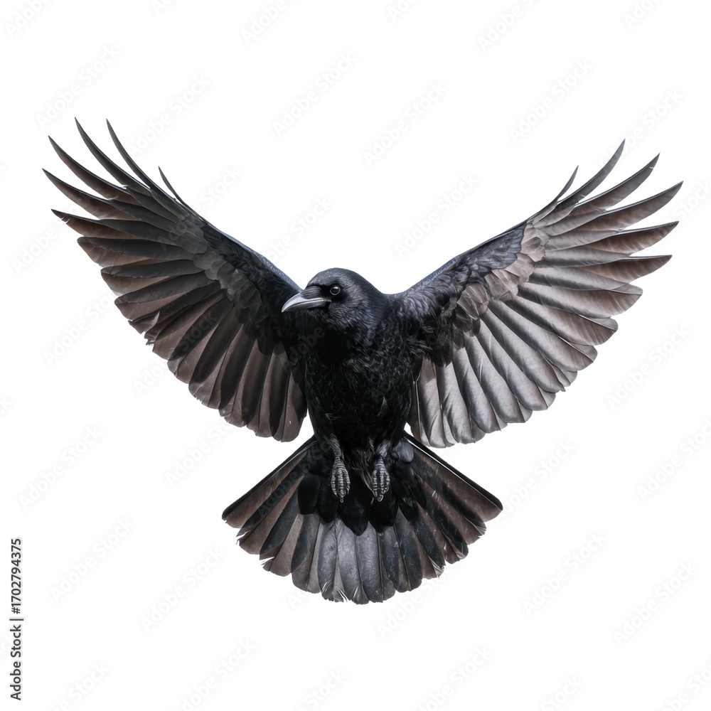 Naklejka premium A black crow in flight with its wings spread wide against a white background.