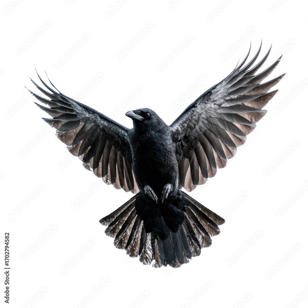 Naklejka premium A black crow in full flight, wings spread wide, isolated against a white background, showcasing its feathers.