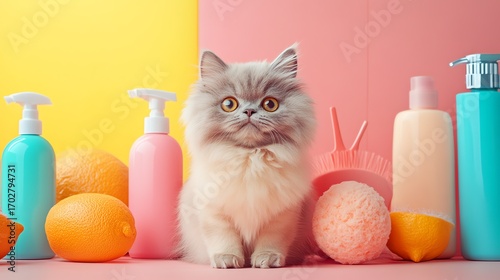 A fluffy cat sits among colorful cleaning supplies and oranges, creating a vibrant and playful scene.