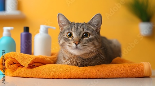 A cute tabby cat rests on a bright orange towel after a bath. Grooming supplies are in the background.