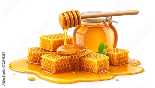 Honeycombs and honey dripping from a dipper