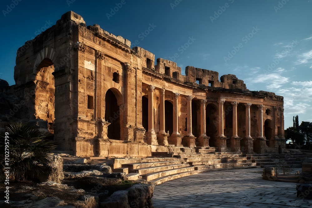 Obraz premium Explore the ancient ruins of the Roman theater at Baalbek, Lebanon during a stunning sunset