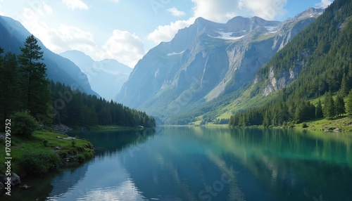 Majestic mountain range slopes down to a calm, reflective lake surrounded by lush green pine forests under a clear blue sky with soft clouds. The peaceful water mirrors the stunning natural scenery.