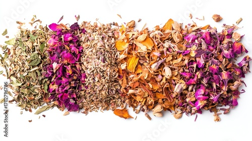 A vibrant array of dried herbs and flower petals, showcasing natural textures and colors, perfect for wellness or culinary themes.