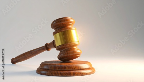 3D rendering of a wooden gavel resting on a stand.  Light highlights the golden band and wood grain