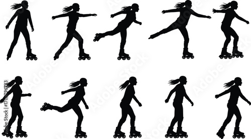 Girl roller skating silhouette, inline skates, skating poses, female athlete, fitness activity, exercise, skating motion, sporty girl, outdoor skating, active lifestyle