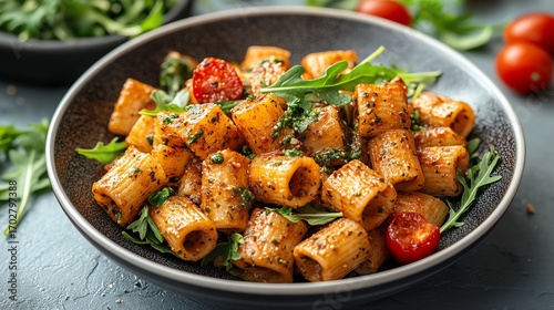 A vibrant pasta dish with rigatoni, fresh greens, and juicy tomatoes, perfect for a healthy and delicious meal.