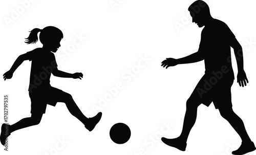 father and daughter, playing soccer, soccer silhouette, football family, dad and child, sports bonding, kids play, silhouette football, child kicking ball, outdoor play, family game