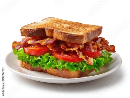 A toasted BLT sandwich, with crisp bacon, ripe tomato slices, and fresh lettuce, sits on a white plate against a pure white background.  dients