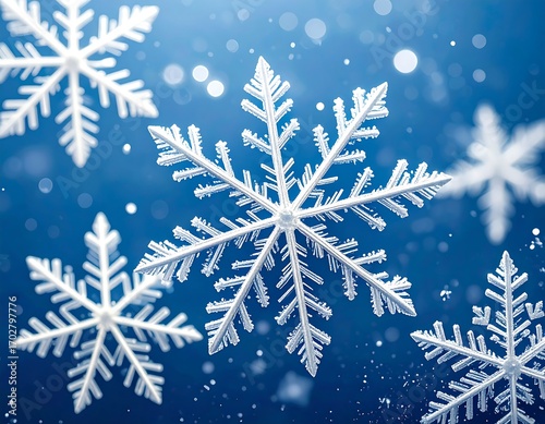 White snowflakes against a blue background