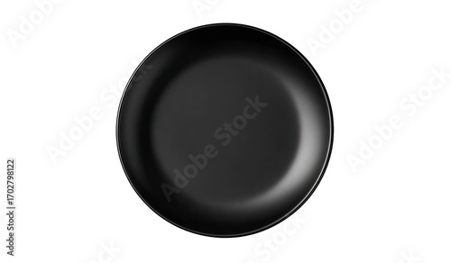 Top-down view of a dark, round plate.  Smooth, glossy surface