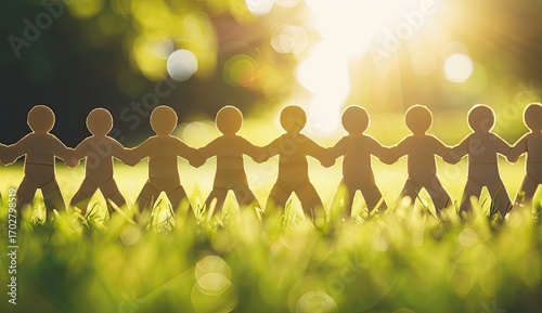 Paper chain figures holding hands stand in grass, backlit by a bright sun, symbolizing unity and community in a natural setting