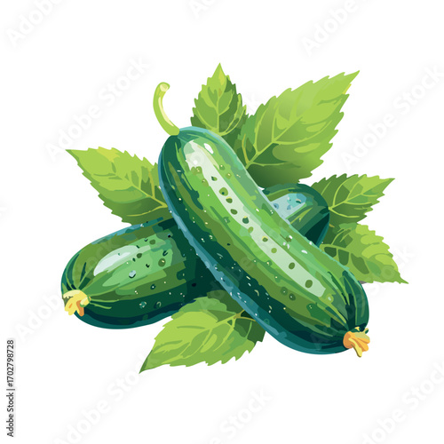 vector graphics, craft look, cucumbers with green cucumber leaves,