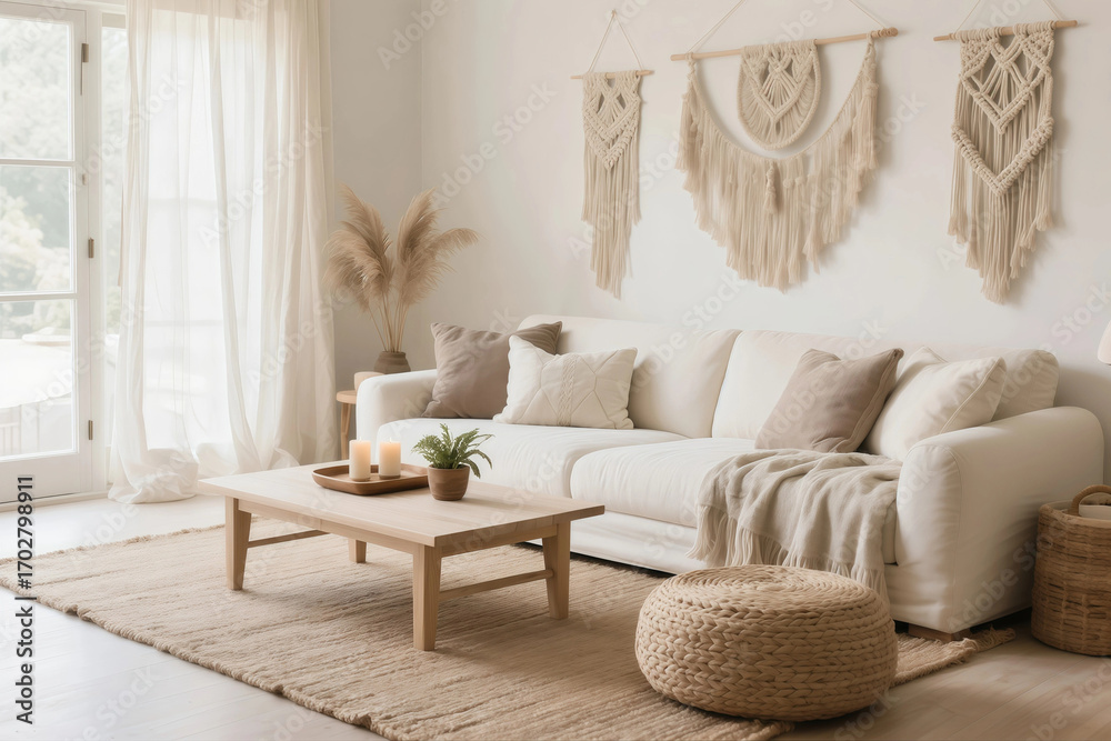 Fototapeta premium Boho Living Room with White Sofa and Macrame Wall Hangings