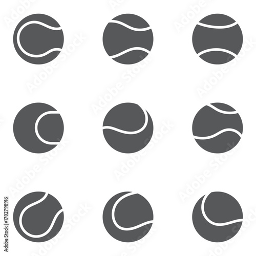 Set of green tennis ball icons in flat and outline styles, isolated sports symbols for game and match design, vector illustration for logo, app, infographic on transparent background