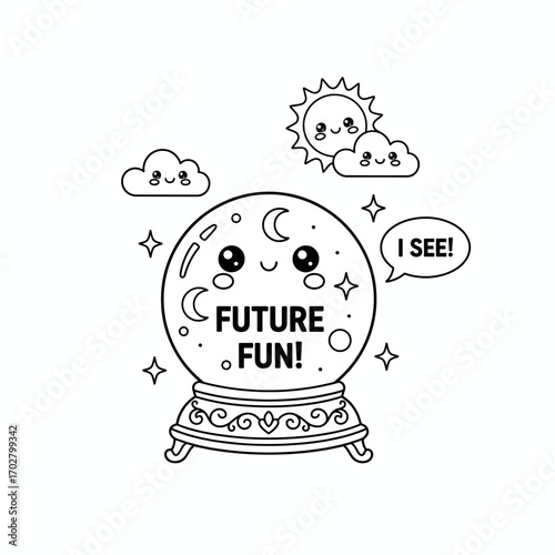 Kawaii Future Fun Crystal Ball Coloring Page - Isolated on White Transparent Background