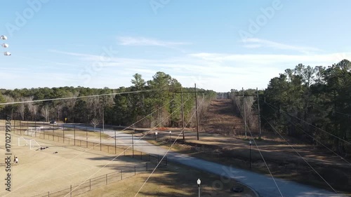Aerial landscape rural forest area in winter after Hurricane Helene in Evans Augusta Georgia