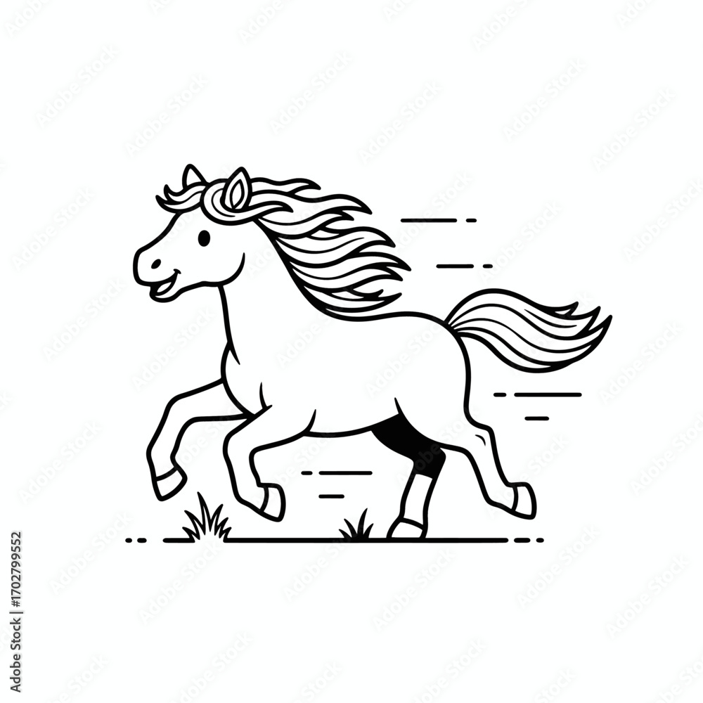 Obraz premium Cute Cartoon Horse Running Line Art isolated on white transparent background