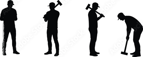 Silhouette, man, sledgehammer, construction, worker, labor, strong, power, tool, male, effort, hard work, industrial, standing, swing, black, strength, heavy, equipment, isolated, posture