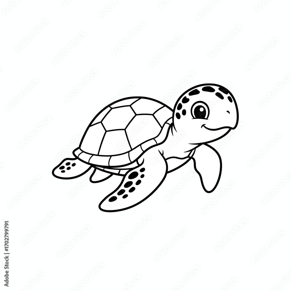 Fototapeta premium Cute cartoon sea turtle outline drawing, isolated on white transparent background