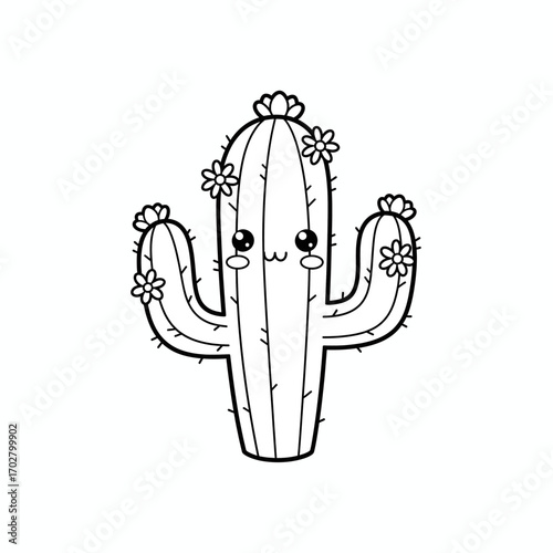 Cute Kawaii Cactus with Flowers Coloring Page Isolated on White Transparent Background