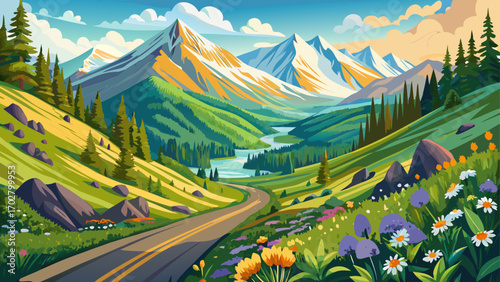 Panoramic view of scenic drive in San Juan Mountains Colorado, springtime fresh greens, melting snowcaps, gentle wildflowers bloom under bright skies, creating a peaceful mountain escape full of renew