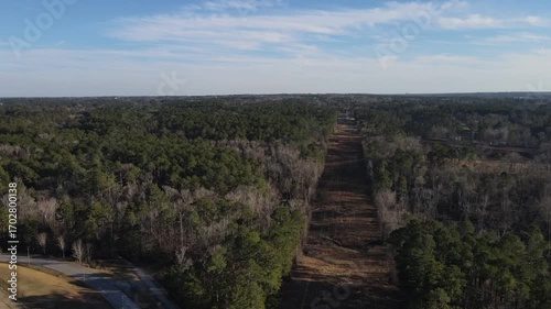 Aerial landscape Blanchard park forest winter after Hurricane Helene in Evans Augusta Georgia