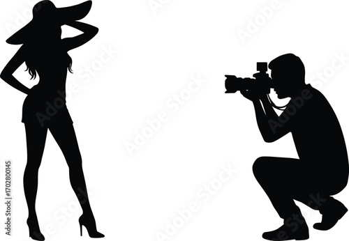 Photographer taking pictures of female model, silhouette photography, fashion photoshoot, woman posing, camera, professional photographer, creative shoot, stylish model