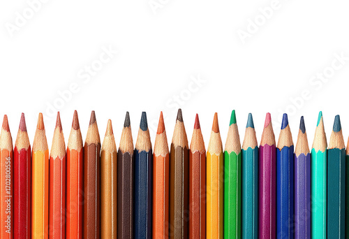 A horizontal row of colored pencils, various hues, against a black background.  Sharp points aligned, tightly grouped