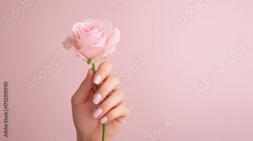 Woman’s manicured hand holding a soft pink rose against pastel pink background, symbolizing love, beauty and minimal elegance.