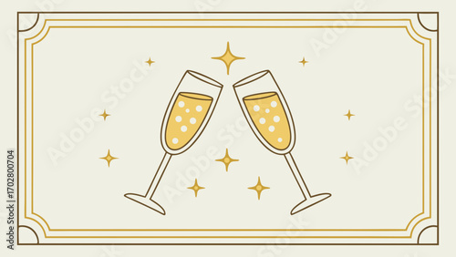 Two champagne glasses clinking with bubbles stars vector