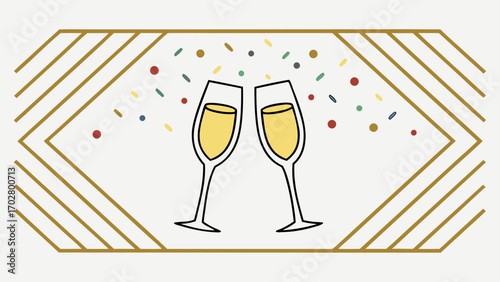 Two champagne glasses clinking with colorful confetti toast celebration