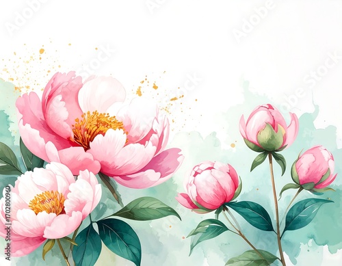 Fototapeta Naklejka Na Ścianę i Meble -  Delicate pink peonies in watercolor style, soft background