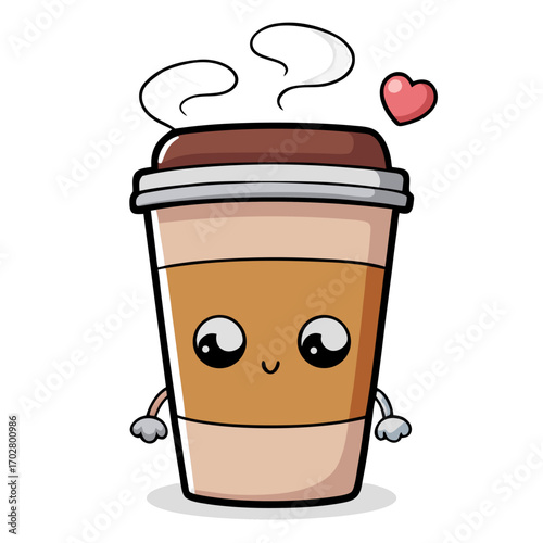 Cute Coffee Cup Vector Cartoon with Sleepy Face Heart Steam Takeaway Mug Flat Style Transparent Background