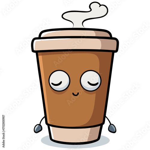 Cute Coffee Cup Vector Cartoon with Sleepy Face Heart Steam Takeaway Mug Flat Style Transparent Background