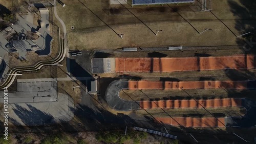 Aerial top down Blanchard park in winter after Hurricane Helene in Evans Augusta Georgia