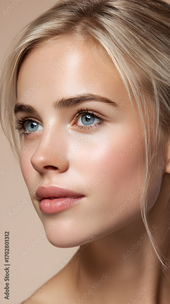 Naklejka premium Close up portrait of a young blonde woman with natural beauty and blue eyes