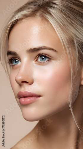Close up portrait of a young blonde woman with natural beauty and blue eyes