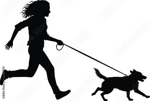 woman running, dog on leash, pet walking silhouette, jogging with dog, active lifestyle, outdoor exercise, dog owner, happy dog, fitness silhouette, running pet