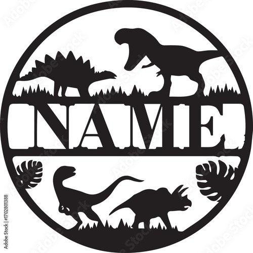 Dinosaur Family Silhouette: Prehistoric Scene with Name in Center, Circular Design