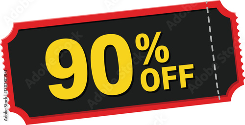 90 percent off sale banner, big discount coupon graphic, yellow text on black background, red border voucher design, promotional deal label template, flat style