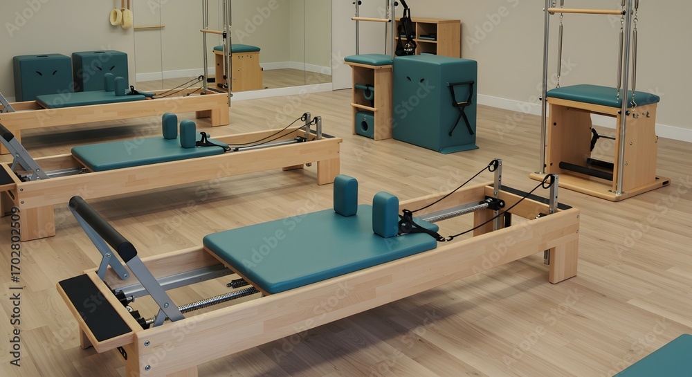 Naklejka premium Pilates studio featuring reformers and other equipment in a bright and spacious exercise environment