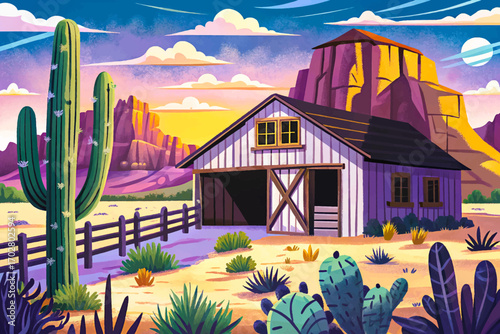 Western barn near canyon cliffs vector, dry prairie grass, rustic wooden structure under golden sunlight